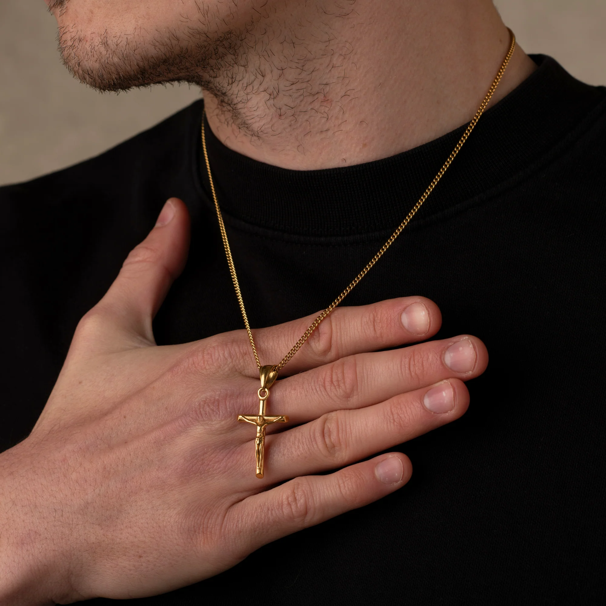 Gold Crucifix Necklace, Onyx Ring and Figaro Bracelet - Image 5