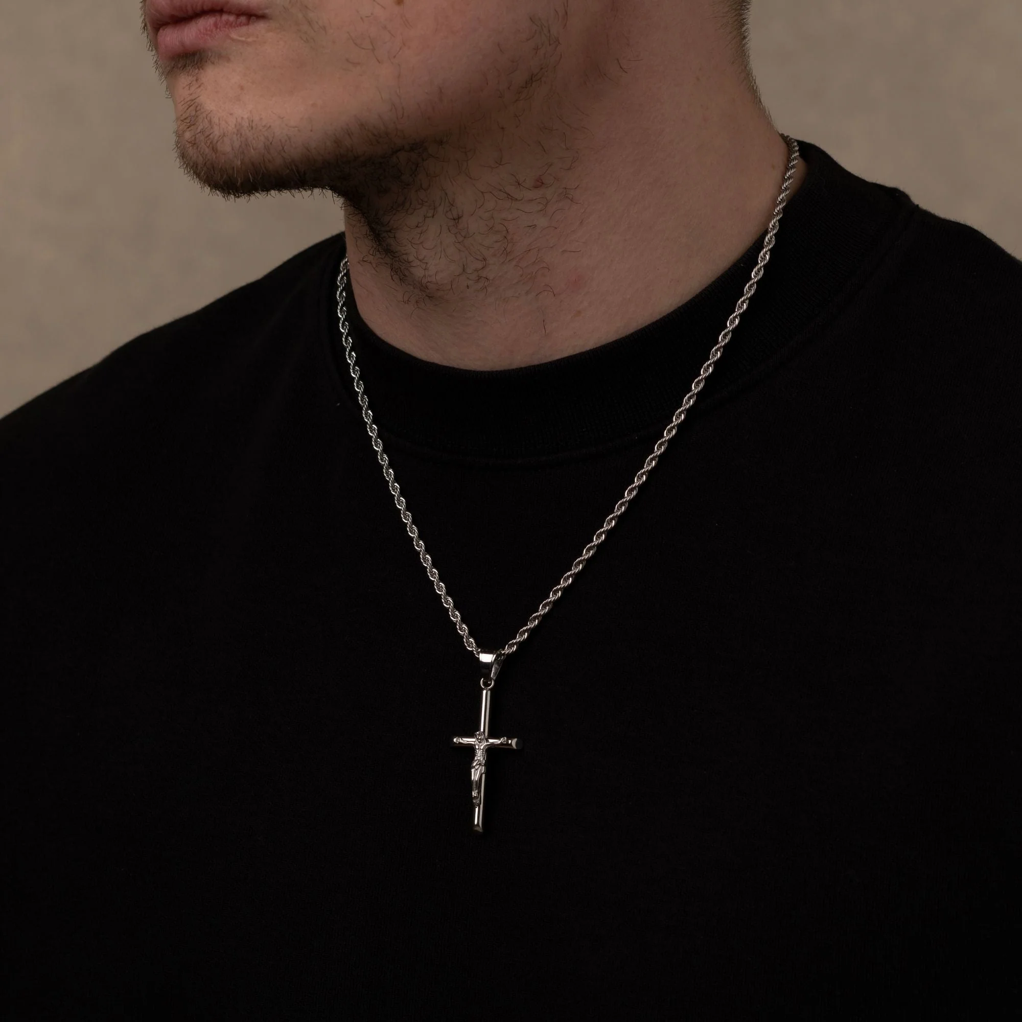 Silver Crucifix Necklace, Small Onyx Signet Ring and 5mm Figaro Bracelet Set - Image 5