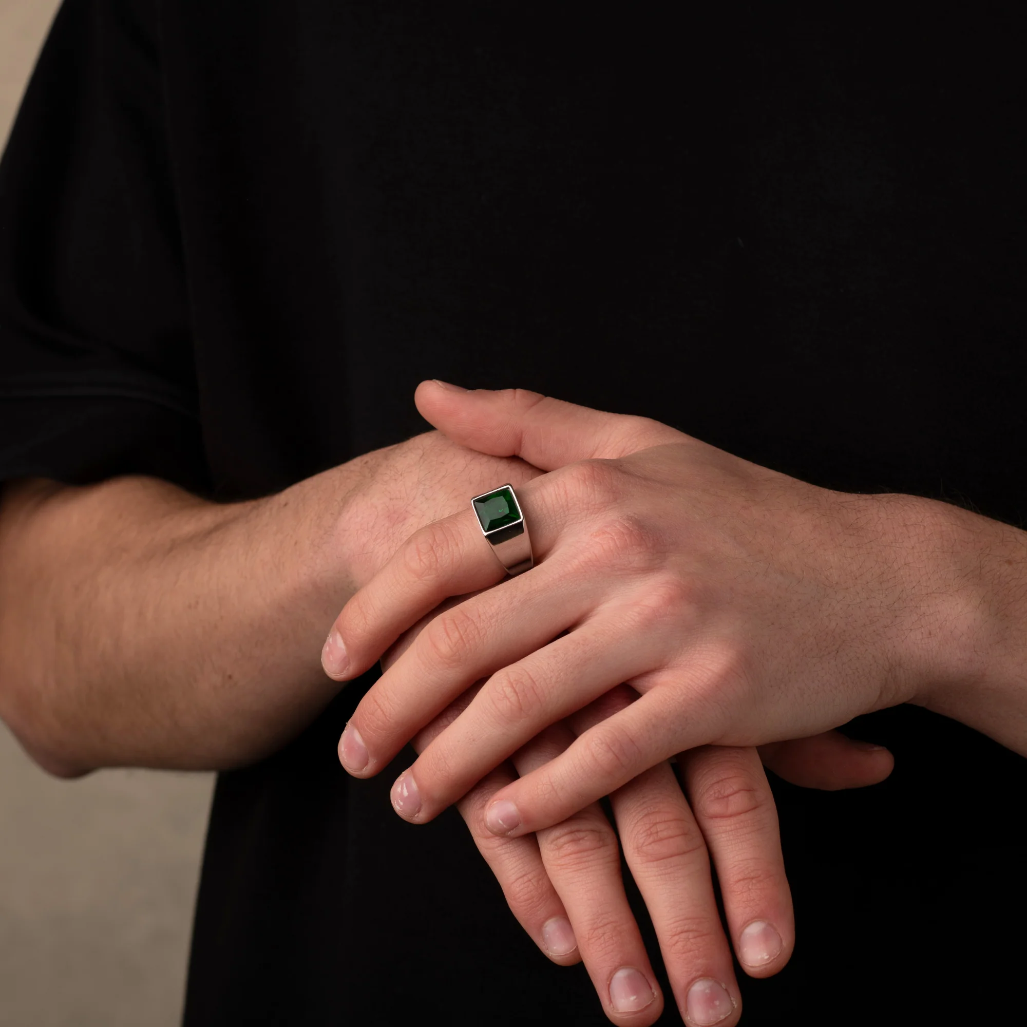 Silver Green Stone Signet Ring - Image 4